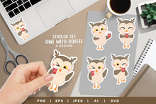 Load image into Gallery viewer, Sticker Set- Owl with Coffee