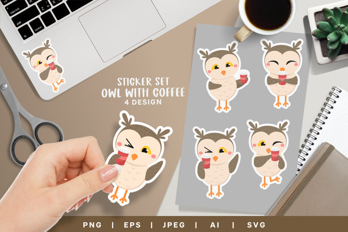 Sticker Set- Owl with Coffee